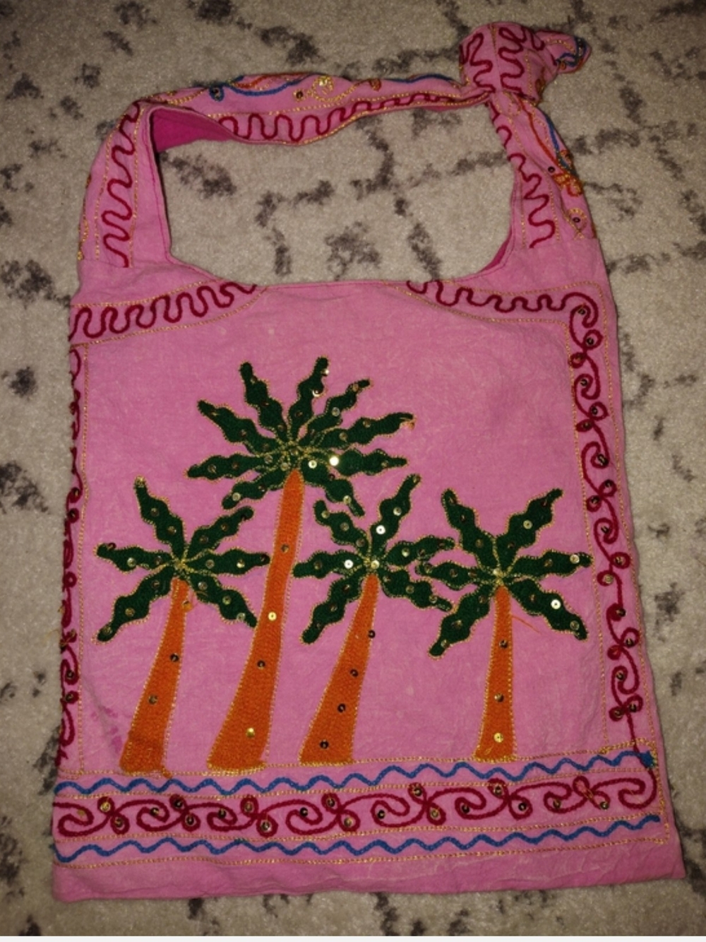 Pink Palm Tree Embroidered Women's Shoulder Bag